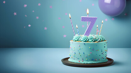 7th year birthday cake on isolated colorful pastel background - obrazy, fototapety, plakaty