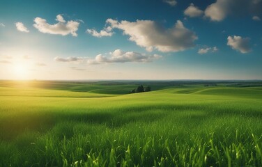Obraz premium Panoramic natural landscape with green grass field meadow and blue sky with clouds and horizon line