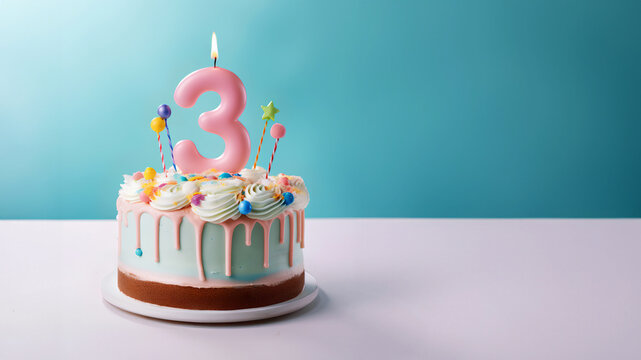 3rd year birthday cake on isolated colorful pastel background