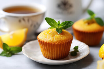 muffins with a mug of tea on a light background