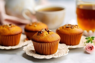 muffins with a mug of tea on a light background