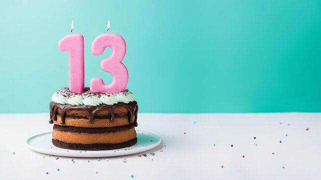 13th year birthday cake on isolated colorful pastel background