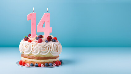 14th year birthday cake on isolated colorful pastel background - obrazy, fototapety, plakaty
