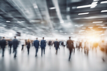 Blurred business people walking at a trade fair, conference or walking in a modern hall, motion speed