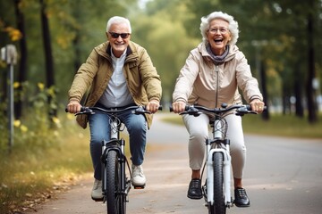 Obraz premium Senior couple riding bikes, healthy lifestyle