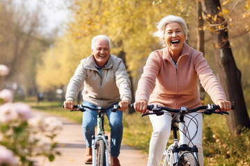 Obraz premium Senior couple riding bikes, healthy lifestyle