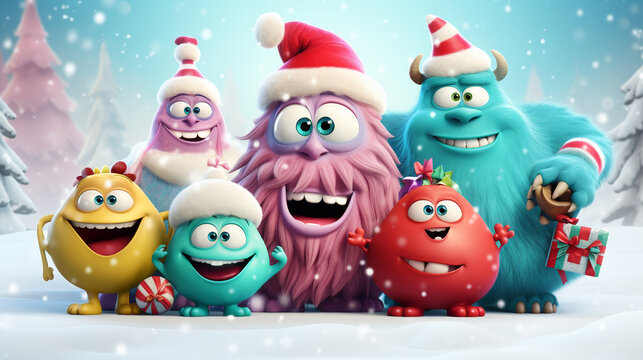 COLORFUL CHRISTMAS CARD WITH LAUGHING HAPPY CARTOON MONSTERS, HORIZONTAL IMAGE. image created by legal AI