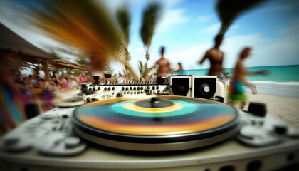 Fototapeta na wymiar Dj turn table console on the foreground and blurred people crowd on the backdrop, summer beach party, ocean sunny sandy coast with palm trees, music event poster.