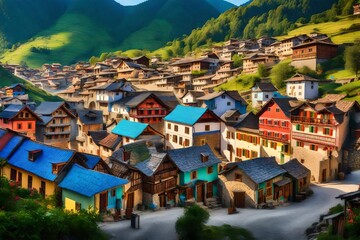 Fototapeta na wymiar A mountain village with colorful houses, quaint, picturesque,