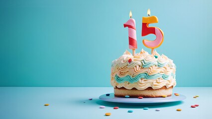 15th year birthday cake on isolated colorful pastel background