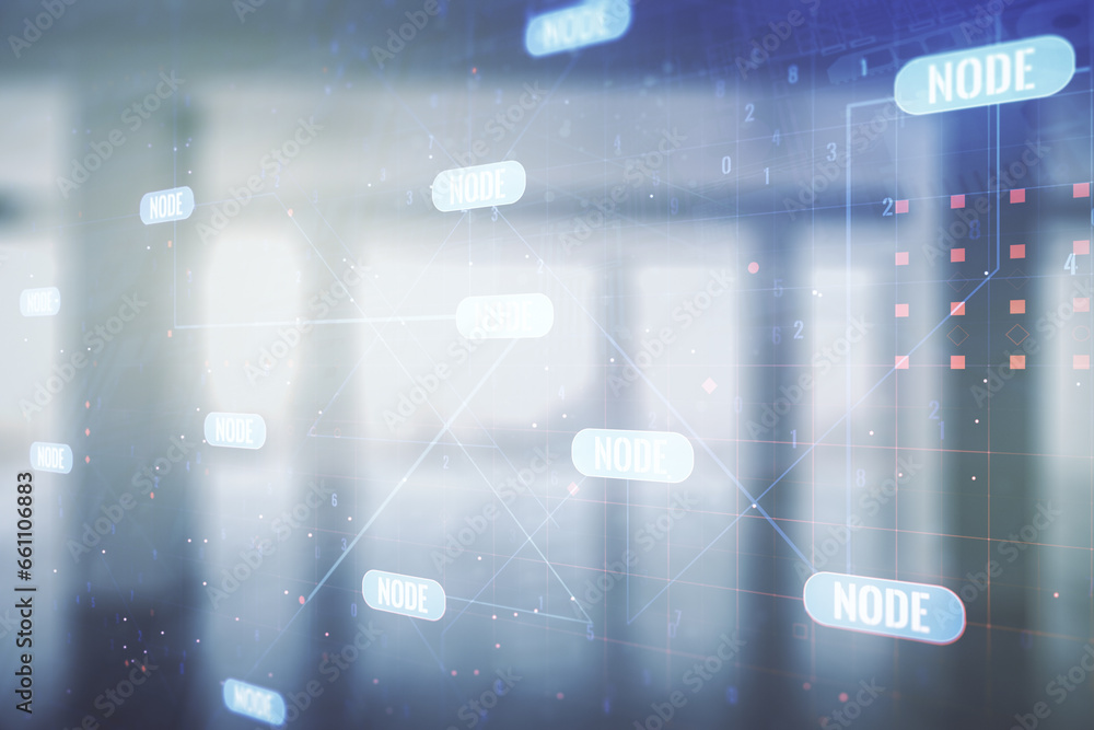 Poster double exposure of abstract programming language interface on empty modern office background, resear