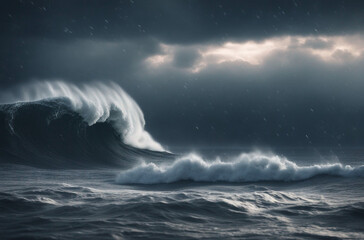 Apocalyptic dramatic background, giant tsunami waves, dark stormy sky, Tornado. Huge waves - obrazy, fototapety, plakaty