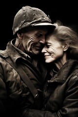happy mature, aged, senior couple in a love and friendship pose. remembrances. past. Passionate couple in love. Hugging, embracing, loving, kissing. Saying goodbye farewell. WWII soldier and woman.