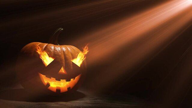 Halloween jack o lantern glowing with fire ank smoke. 
