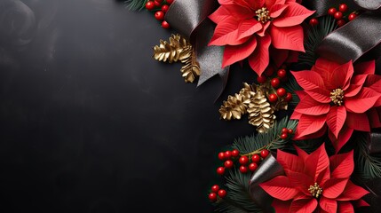 Christmas Poinsettia flower, berries, gift box closeup on a black background with copy space, top view, Merry Christmas and Happy New Year concept. - Powered by Adobe