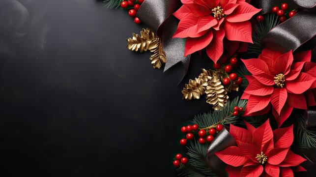 Christmas Poinsettia flower, berries, gift box closeup on a black background with copy space, top view, Merry Christmas and Happy New Year concept.