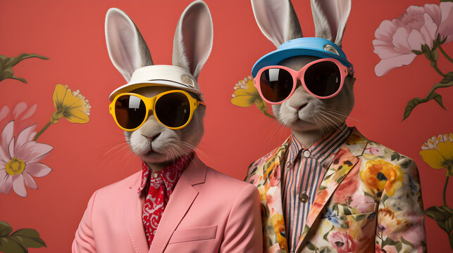 deux lapins en costumes color&eacute;s et d&eacute;cal&eacute;s avec des grosses lunettes de soleil - surr&eacute;alisme 