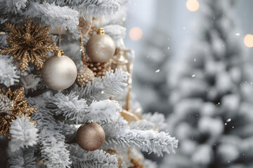 Fototapeta na wymiar Snowy Christmas Charm Spruce Tree with Golden Balls