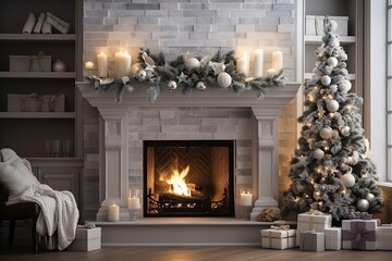 Christmas living room interior with decorated fir tree, gifts and fireplace with burning fire. Modern style. Merry Christmas and New Year concept.