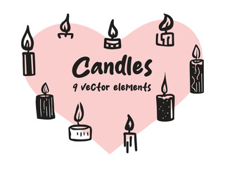 Candles set. Minimalistic cozy elements with simple graphic.