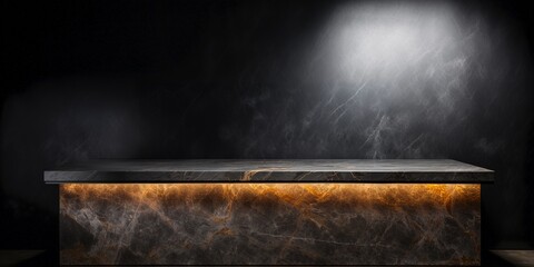Black stone table top isolated on black background, rough rock display podium on dark black backdrops.