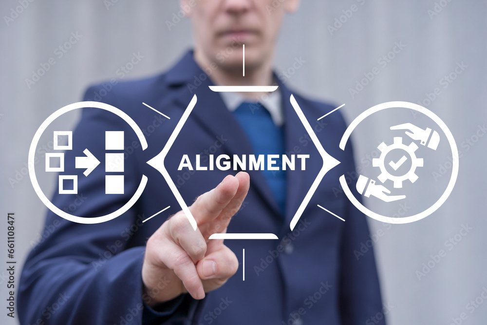 Poster man using virtual touch screen presses word: alignment. business alignment strategy concept. ideas f