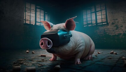 a pig in a jail with a VR headset on cinematic  - obrazy, fototapety, plakaty