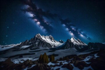  A mountain peak at night with a starry sky, surreal, cosmic