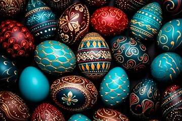 Fototapeta na wymiar Pile of birght and colorful detailed hand painted Easter Eggs 