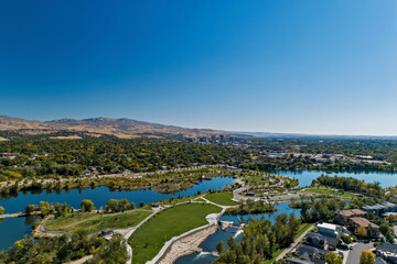 City water park with ponds and the Boise River in Boise, Idaho