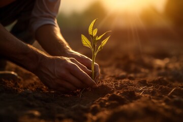 Fototapeta premium New life begins with human hand planting seed generated by AI