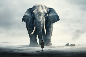 Fototapeta na wymiar a person confront with a giant elephant. surreal animal.