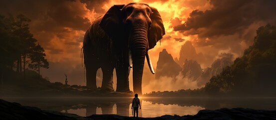 a person confront with a giant elephant. surreal animal.
