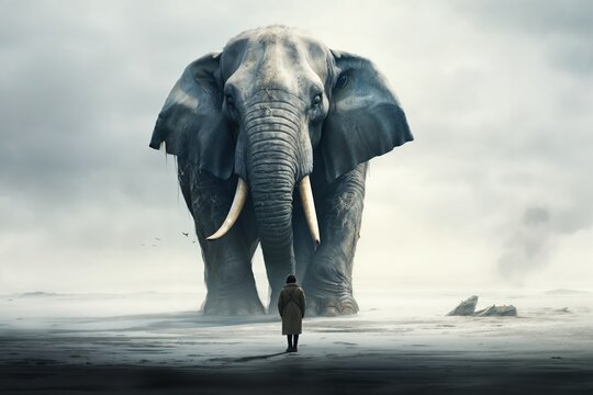 a person confront with a giant elephant. surreal animal.