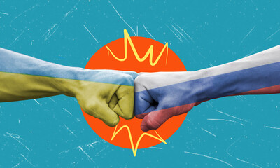 A contemporary artistic collage featuring the fists of Russia and Ukraine on a blue background.