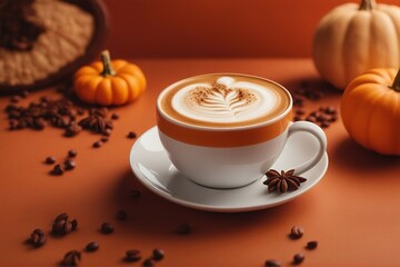 Delicious Cappuccino with Pumpkins on a Table.  Orange Background. A Perfect Autumn Pairing for Halloween