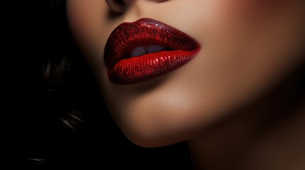 Close-up portrait of a woman with red lipstick on her lips. Women's beauty, cosmetics.