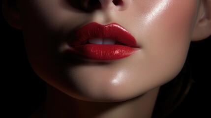 Fototapeta premium Close-up portrait of a woman with red lipstick on her lips. Women's beauty, cosmetics.
