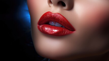 Close-up portrait of a woman with red lipstick on her lips. Women's beauty, cosmetics.