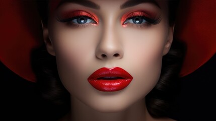 Fototapeta premium Close-up portrait of a woman with red lipstick on her lips. Women's beauty, cosmetics.