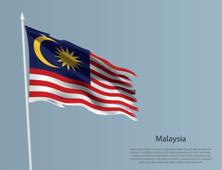 Ragged national flag of Malaysia. Wavy torn fabric on blue background