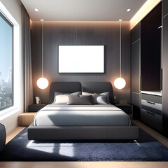 High-Tech Style Bedroom Interior Design Project with All Essential Furniture and Appliances. generative AI