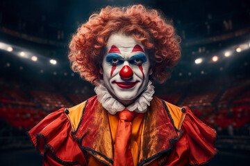 Portrait of a leading clown in the circus arena. Face portrait of a clown with a red nose and sparkling eyes of charming comedy expression. - obrazy, fototapety, plakaty