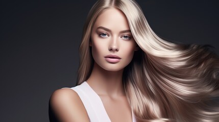 Fototapeta premium Beautiful blonde woman with long, healthy , straight and shiny hair. Hairstyle loose hair 