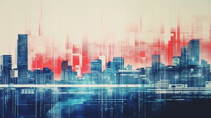 Fototapeta na wymiar Generative AI, Poster with cityscape in risograph and glitch style, vivid colors