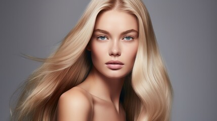 Fototapeta premium Beautiful blonde woman with long, healthy , straight and shiny hair. Hairstyle loose hair 