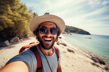 Joyful man capturing a selfie with hat and sunglasses