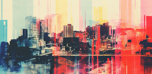 Generative AI, Poster with cityscape in risograph and glitch style, vivid colors - obrazy, fototapety, plakaty