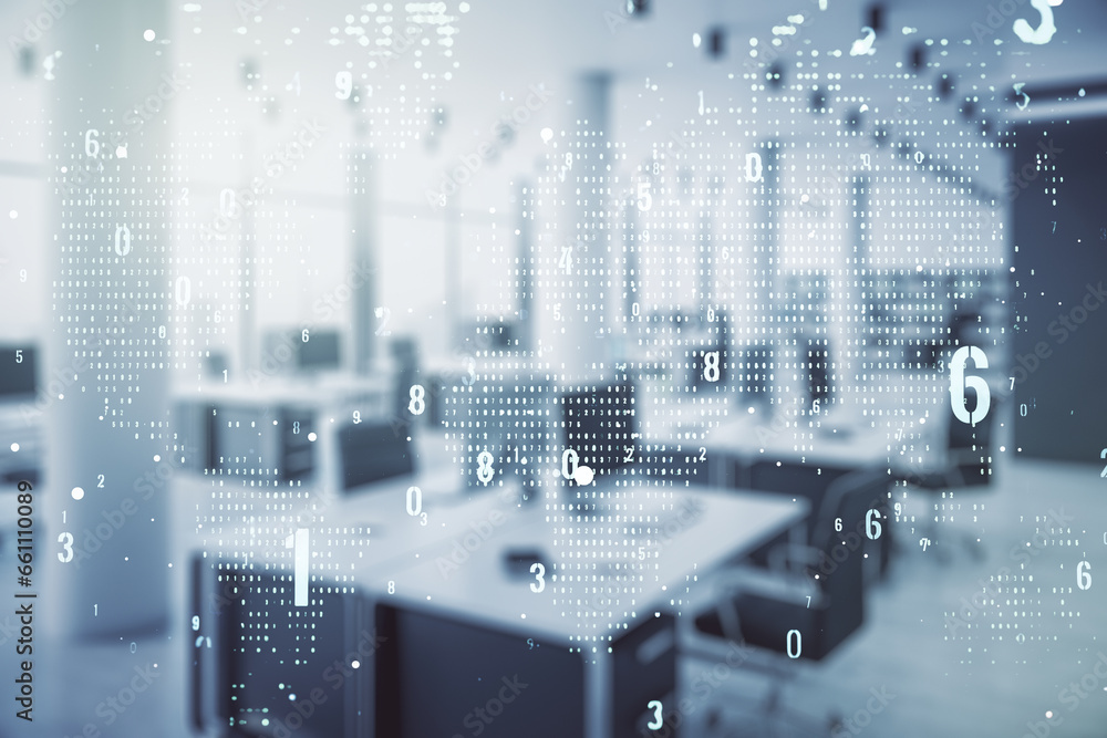 Poster multi exposure of abstract software development hologram and world map on modern corporate office ba