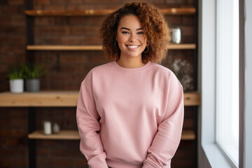 A happy plus size,  african woman, she is wearing a plain rose mockup unisex sweatshirt showcasing, brazilian woman at home. - obrazy, fototapety, plakaty